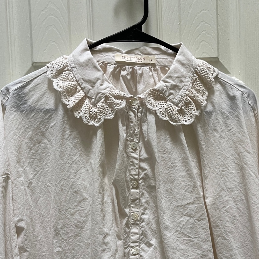Christy Dawn Ghita Blouse in Pearl Crochet-Collar Button Down Shirt - L - Picture 2 of 9